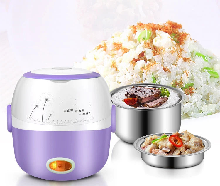 DMWD MINI Rice Cooker Thermal Heating Electric Lunch Box 1/2 Layers Portable Food Steamer Cooking Container Meal Lunchbox Warmer