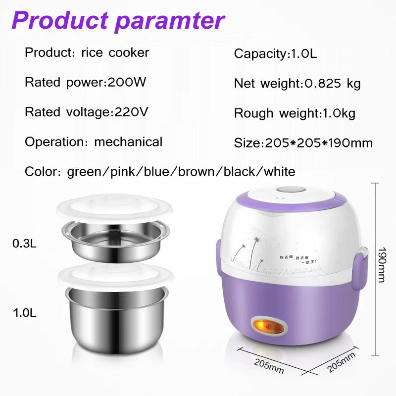 DMWD MINI Rice Cooker Thermal Heating Electric Lunch Box 1/2 Layers Portable Food Steamer Cooking Container Meal Lunchbox Warmer