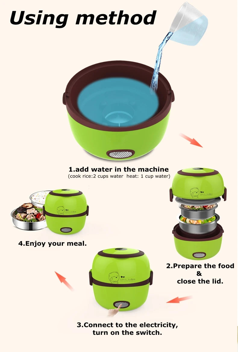 DMWD MINI Rice Cooker Thermal Heating Electric Lunch Box 1/2 Layers Portable Food Steamer Cooking Container Meal Lunchbox Warmer