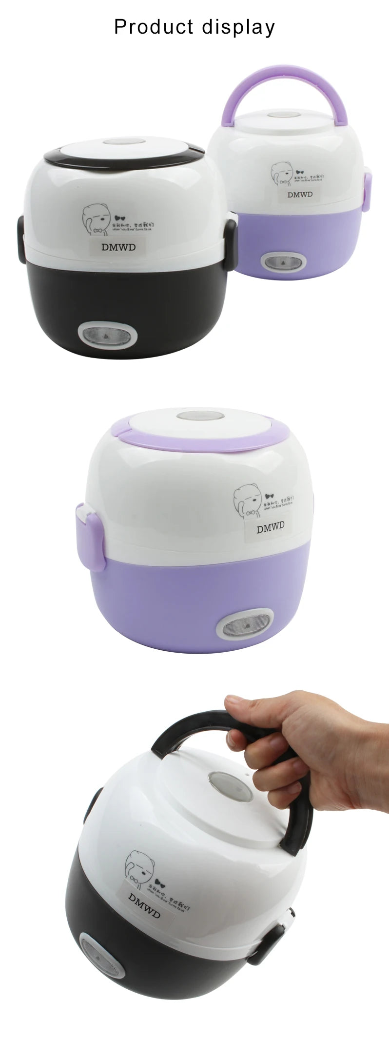 DMWD MINI Rice Cooker Thermal Heating Electric Lunch Box 1/2 Layers Portable Food Steamer Cooking Container Meal Lunchbox Warmer