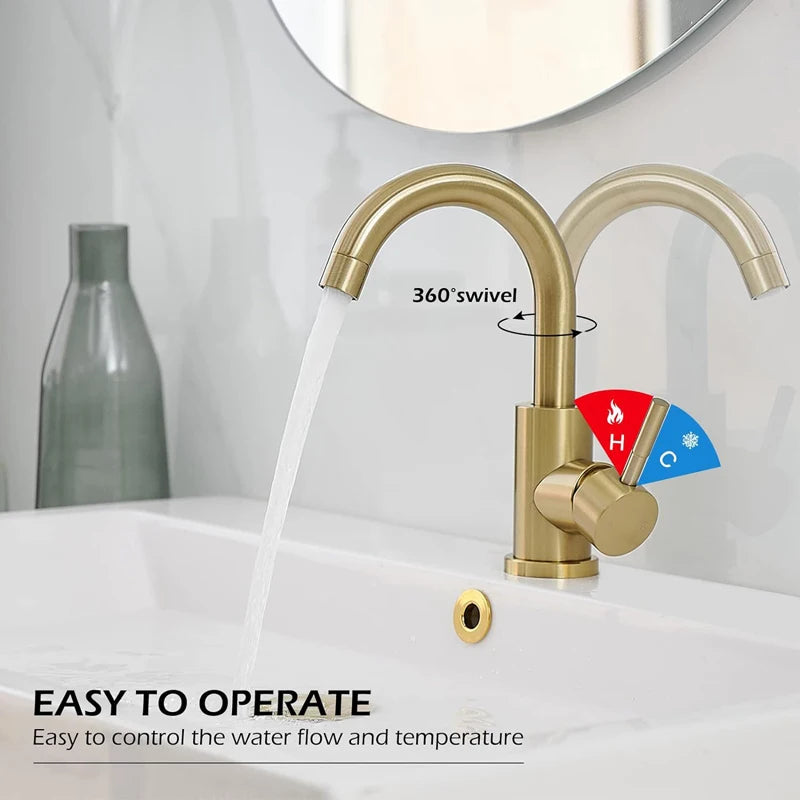 Modern Basin Faucet Gold Basin Faucet Bathroom Taps Single Handle Hot and Cold Sink Mixer Taps Stainless Steel Basin Faucet