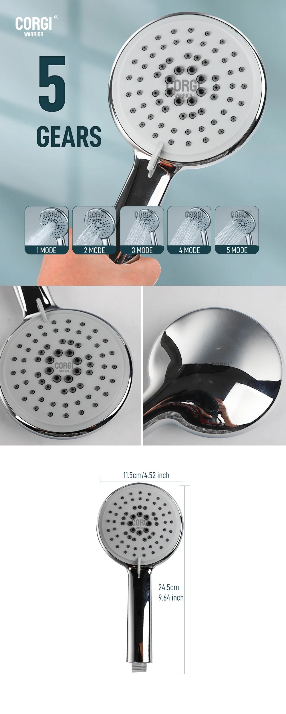 High Pressure Shower Head Handheld 3/5 Modes Multifunction Strong Flow Rain Massage Showerhead long Hose and Adjustable Holder