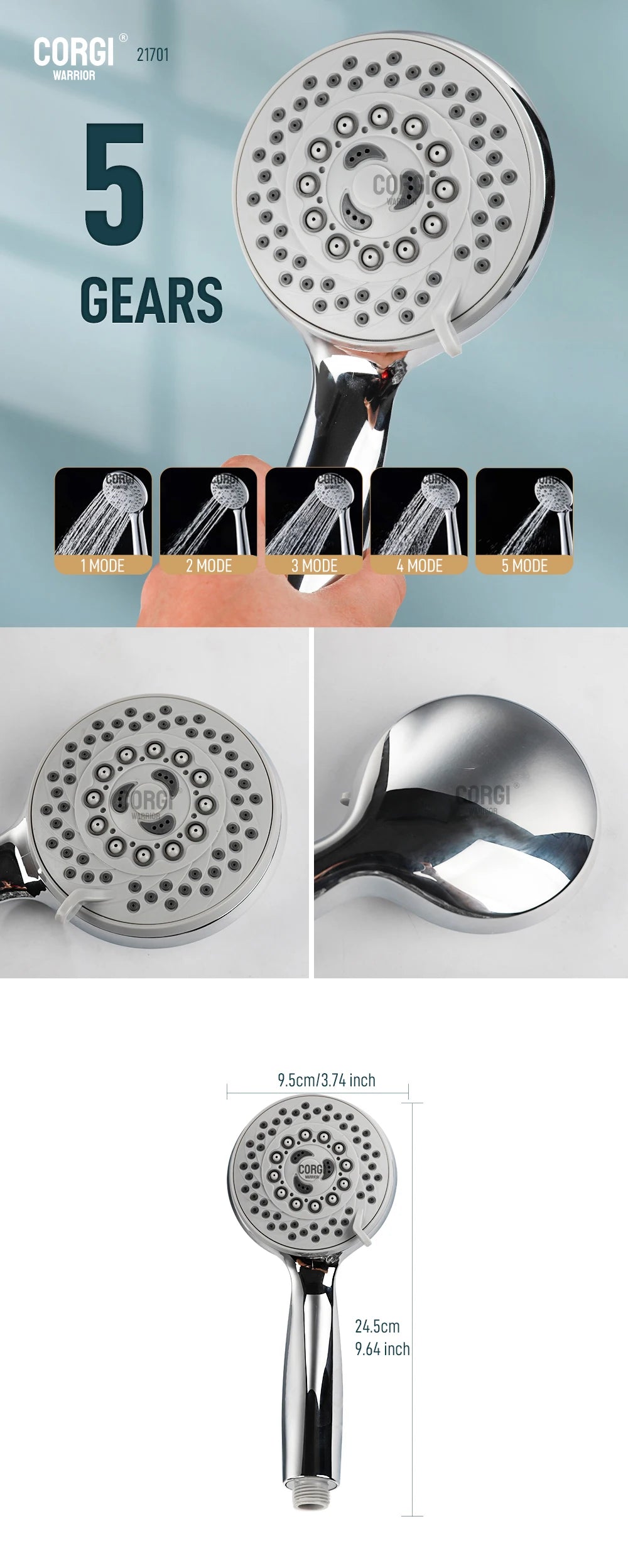 High Pressure Shower Head Handheld 3/5 Modes Multifunction Strong Flow Rain Massage Showerhead long Hose and Adjustable Holder